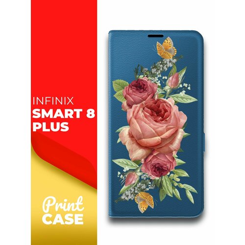 Чехол на Infinix Smart 8 Plus (Инфиникс Смарт 8 плюс) синий книжка эко-кожа подставка отделение для карт магнит Book Case, Miuko (принт) Розовые Розы чехол на infinix smart 8 plus инфиникс смарт 8 плюс зеленый опал книжка эко кожа подставка отделение для карт магнит book case miuko принт шалушай