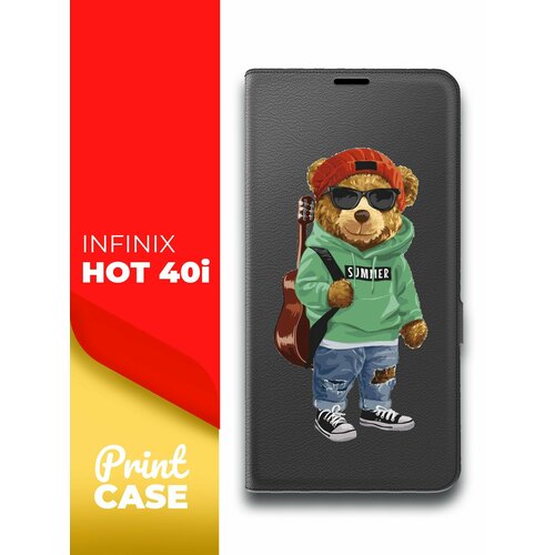 Чехол на Infinix HOT 40i (Инфиникс Хот 40ай) черный книжка эко-кожа подставка отделением для карт и магнитами Book case, Miuko (принт) Мишка Гитара чехол на infinix hot 30 инфиникс хот 30 черный книжка эко кожа подставка отделением для карт и магнитами book case miuko принт мишка гитара