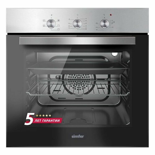 Электрический встраиваемый духовой шкаф Simfer ширина 60см 5 режимов работы конвекция таймер 58 литров подсветка противень хромированная решетка 5 лет гарантии серый 2659000₽