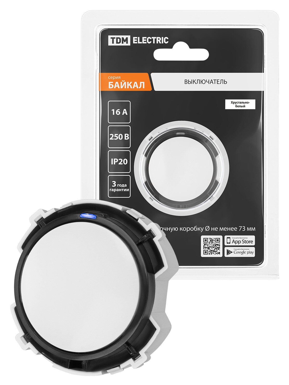 фото Выключатель 1-кл. 16А 250В проходной кнопочный механизм белый, "Байкал" TDM