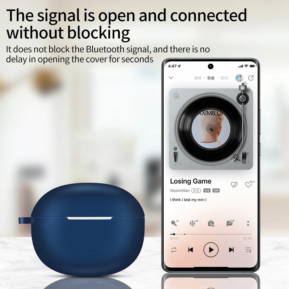 Защитный силиконовый чехол с карабином для беспроводных наушников Realme Buds T100 - черный — фото 1
