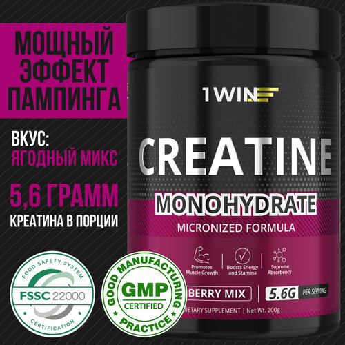 фото Креатин моногидрат порошок 1win, creatine monohydrate, вкус ягодный микс, 30 порций, спортивное питание для набора массы тела