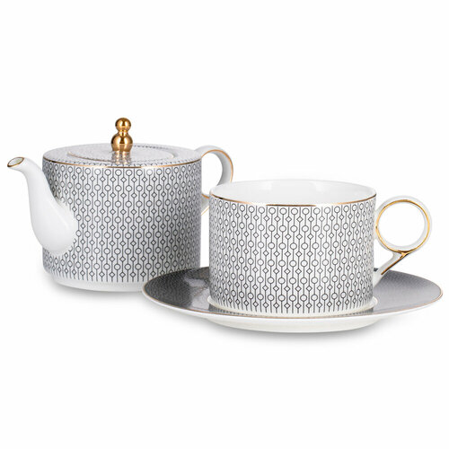 Фарфоровый чайный набор на 1 персону Вола, 3 предмета, белый/декор, серия Vola, Mix&Match Home, MONMHCNPO30067