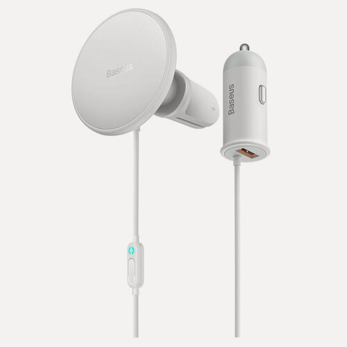 Изображение товара Магнитный держатель для телефона BASEUS CW01 Magnetic + АЗУ USB, с беспроводной зарядкой, 40W, на воздуховод, белый