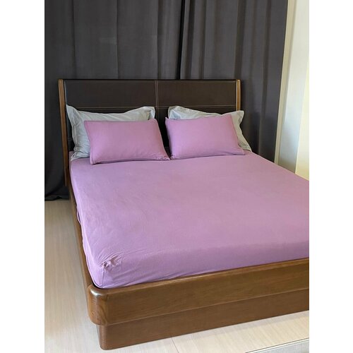 Простынь трикотажная на резинке 180х200 см, хлопок фиолетовый, сиреневый, размер семейный