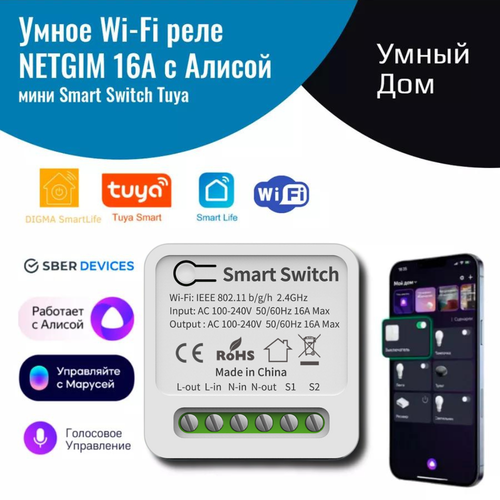 Умное реле с Алисой Яндекс NETGIM Tuya WiFi 16А умный дом голосовое управление 85000₽