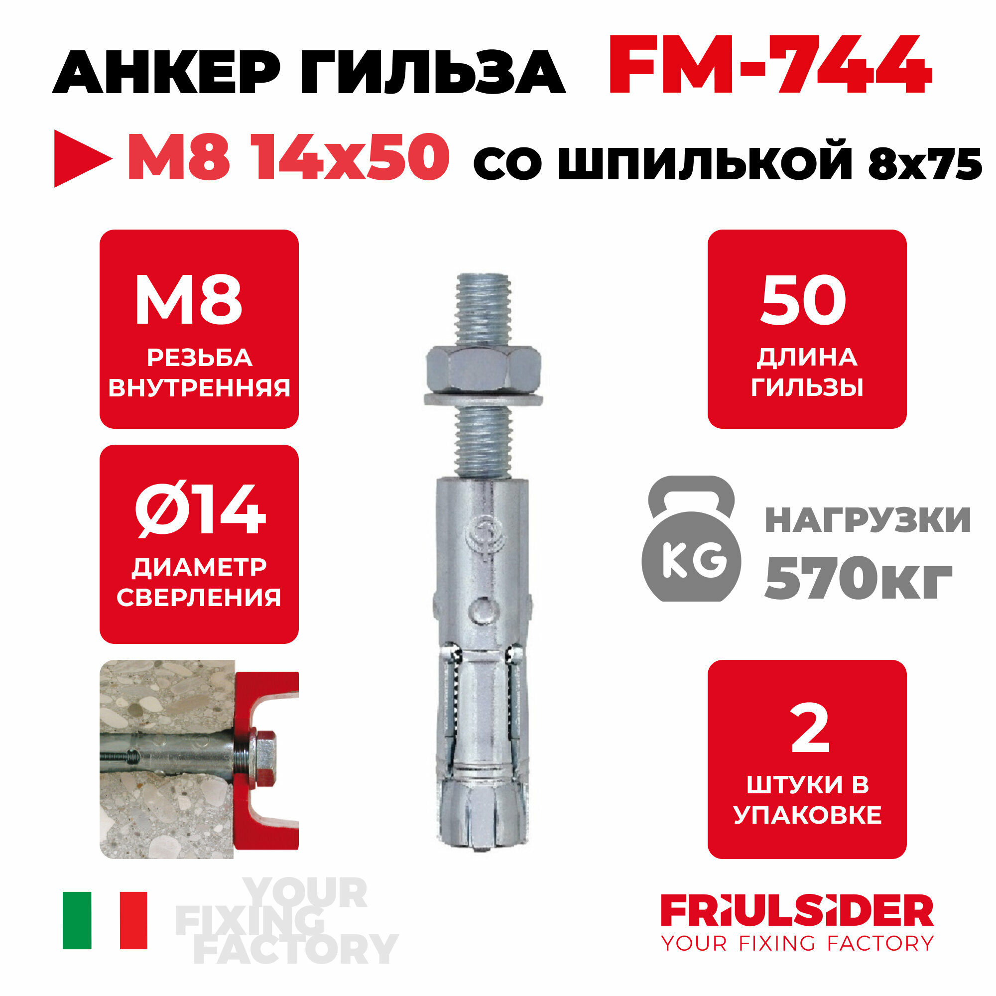 Анкер распорный cо шпилькой FM744 M8 14х50 ZN (2 шт) - FRS - пакет Партнер