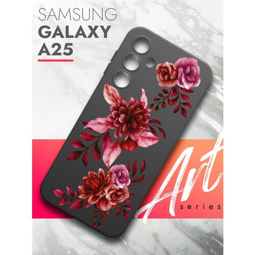 Чехол на Samsung Galaxy A25 (Самсунг Галакси А25) черный матовый силиконовый с защитой (бортиком) вокруг камер, Brozo (принт) Гранатовые Цветы чехол на samsung galaxy a25 самсунг галакси а25 черный матовый силиконовый с защитой бортиком вокруг камер brozo принт россия russian fed