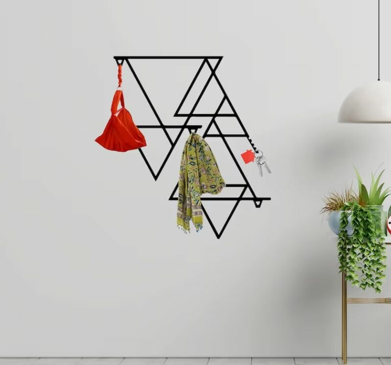 Декоративная металлическая настенная вешалка, Треугольники (черный цвет)