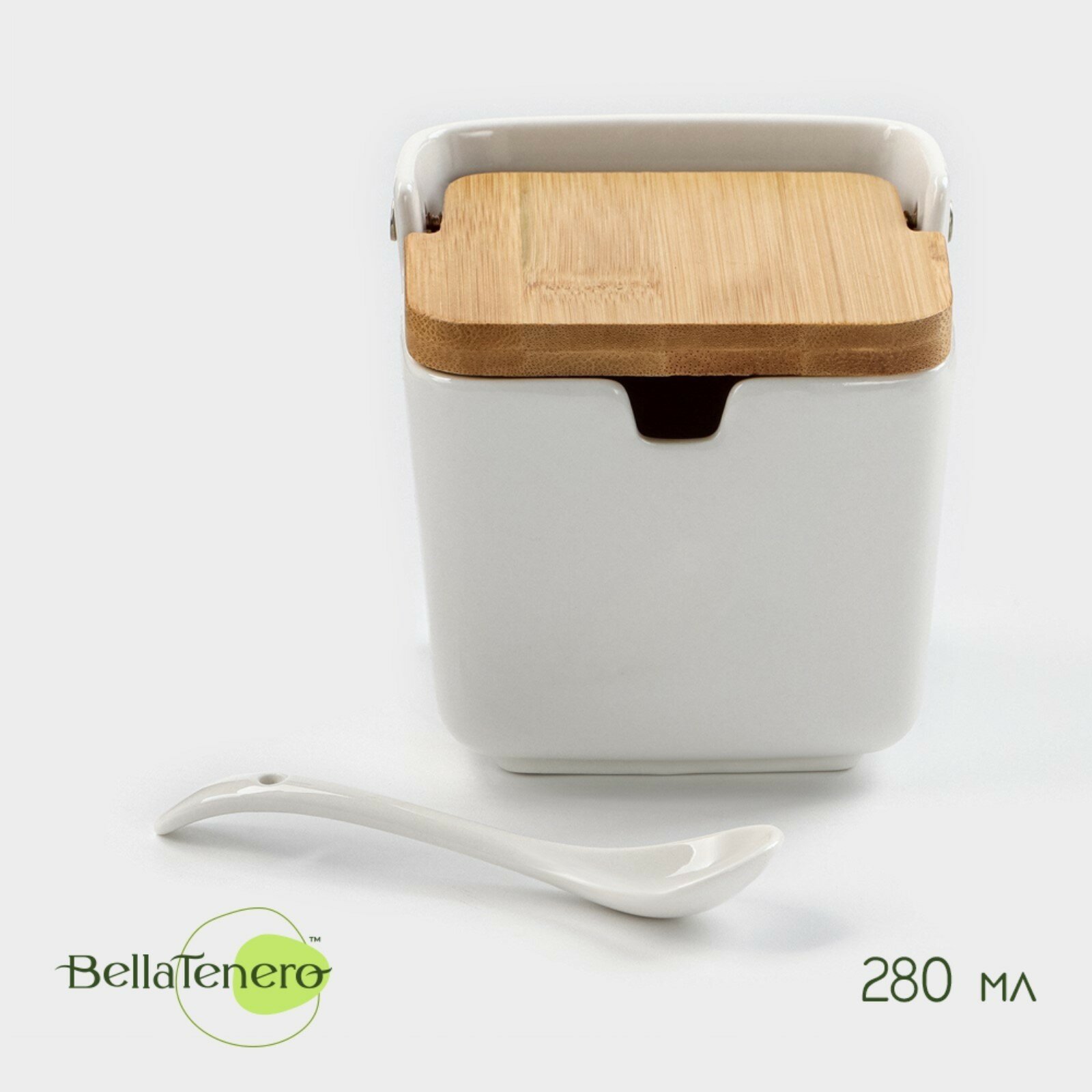 Банка для сыпучих продуктов BellaTenero, 280 мл, 9×9,5 см, с ложкой, бамбуковая крышка, фарфор, белая