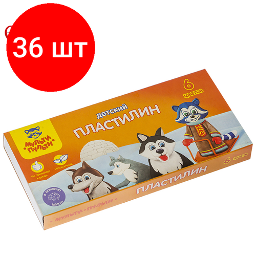 Комплект 36 шт, Пластилин Мульти-Пульти Енот на Аляске, 06 цветов, 90г, со стеком, картон