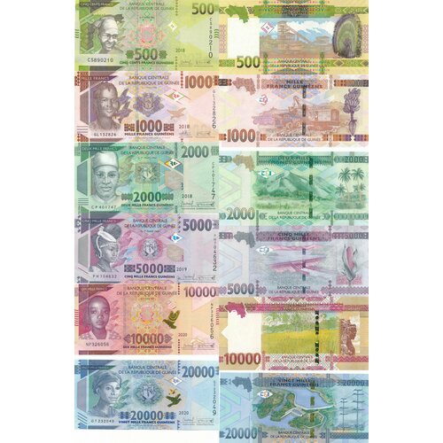 Набор Банкнот Гвинея 500-1000-2000-5000-10000-20000 франков 2018-2020. UNC