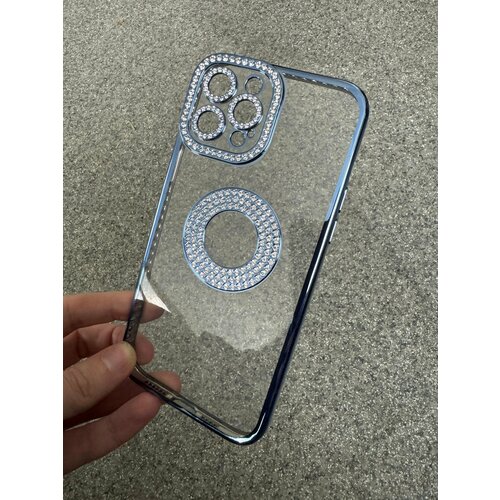 Чехол панель накладка бампер MyPads Ring на iPhone 13 Pro тонкая силиконовая крышка с защитой задней камеры со стразами и рельефным кольцом синий M.