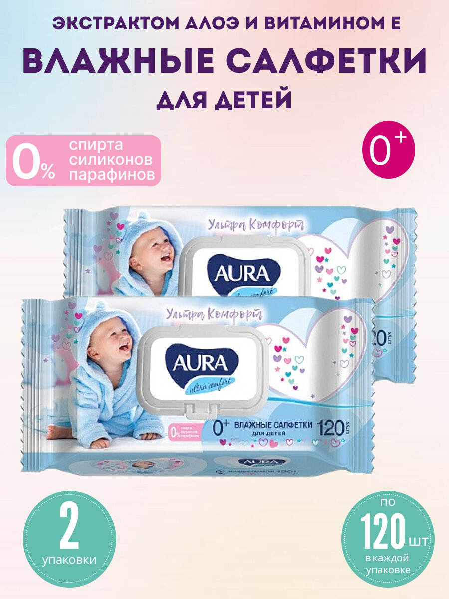 Влажные салфетки Aura Ultra Comfort для детей с алоэ и витамином E, 2 упаковки по 120шт