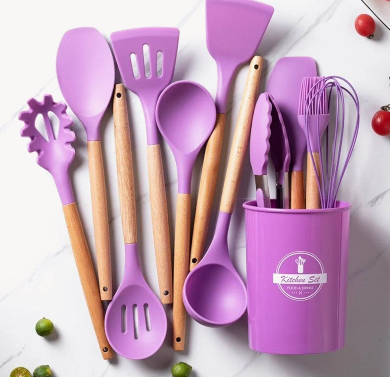 Набор кухонных принадлежностей из бука и силикона, 12 предметов -Идеальный подарок, фиолетовый