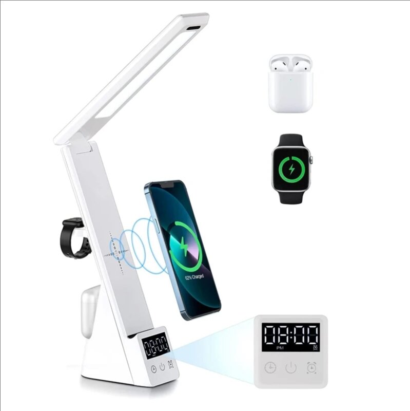 фото Складная умная настольная лампа с беспроводной зарядкой для iPhone, Apple Watch и AirPods
