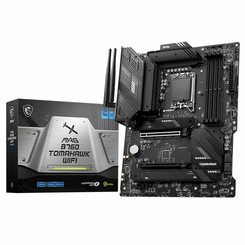 MSI Материнская плата MSI MAG B760 TOMAHAWK WIFI B760, LGA1700, 4*DDR5, 2*PCIEx16, 1*PCIEx1, 3*M.2, 2*TypeC, 4*USB3.2Gen2, 2*USB3.2Gen1, 8*USB2.0, 4*SATA3.0, 2.5G, DP, HDMI, ATX, RTL MAG B760 TOMAHAWK WIFI