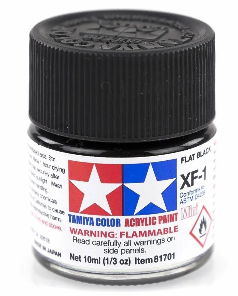 фото Краска акриловая XF-1 FLAT BLACK, ACRYLIC PAINT MINI 10 ML. (Чёрный матовый) TAMIYA 81701