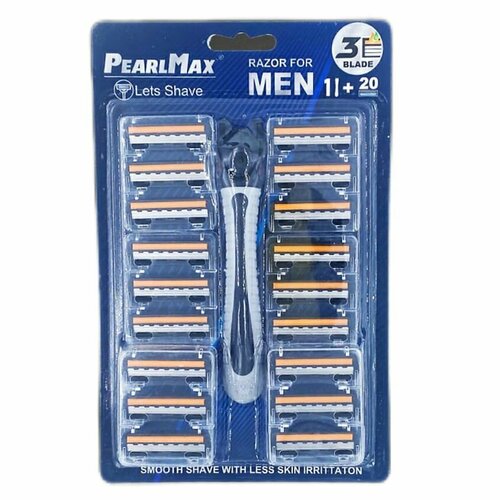 многоразовый бритвенный станок toptech razor 3 серебристый 9 шт PearlMax Бритва мужская Lets Shave for men, 20 сменных кассет