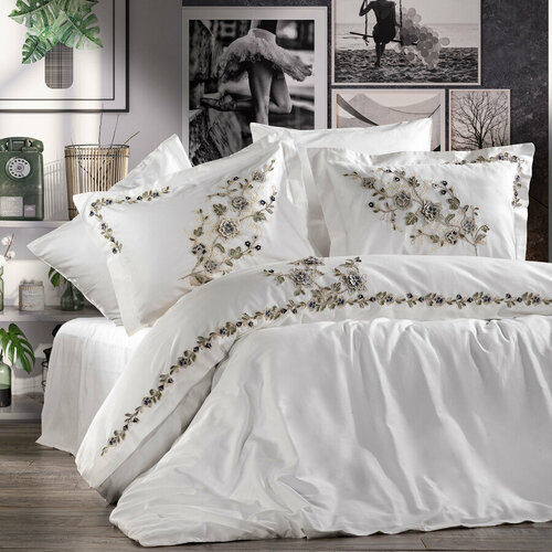 ZEBRA CASA Постельное белье Zebra casa сатин с вышивкой евро N168 AZUR krem/lacivert