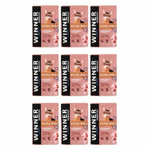 Мираторг Корм для кошек, Winner Extra Meat, Курочка в соусе, пауч, 80 г, 9 шт