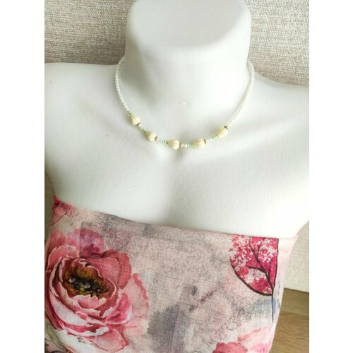 Колье, перламутр, ракушка, длина 41 см, белый, зеленый