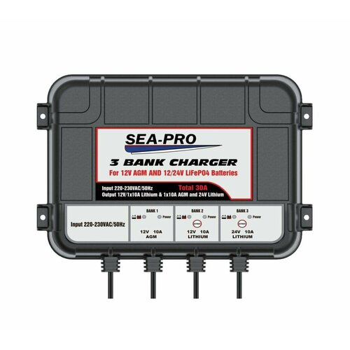 Зарядное устройство SEA-PRO ТЕ4-0287 3х12В LiFePo4 морского исполнения для тяговых сервисных аккумуляторов LiFePo4 3 выхода по 12 вольт для лиферных литиевых батарей АКБ ток заряда 3х10A 15640₽