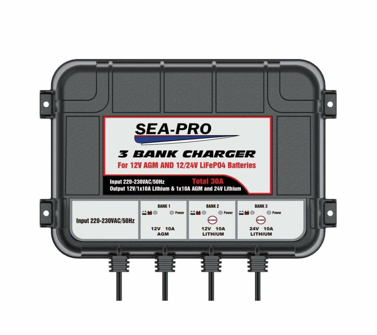 Зарядное устройство SEA-PRO ТЕ4-0287 (3х12В LiFePo4) морского исполнения для тяговых / сервисных аккумуляторов LiFePo4, 3 выхода по 12 вольт для лиферных / литиевых батарей (АКБ) ток заряда 3х10A