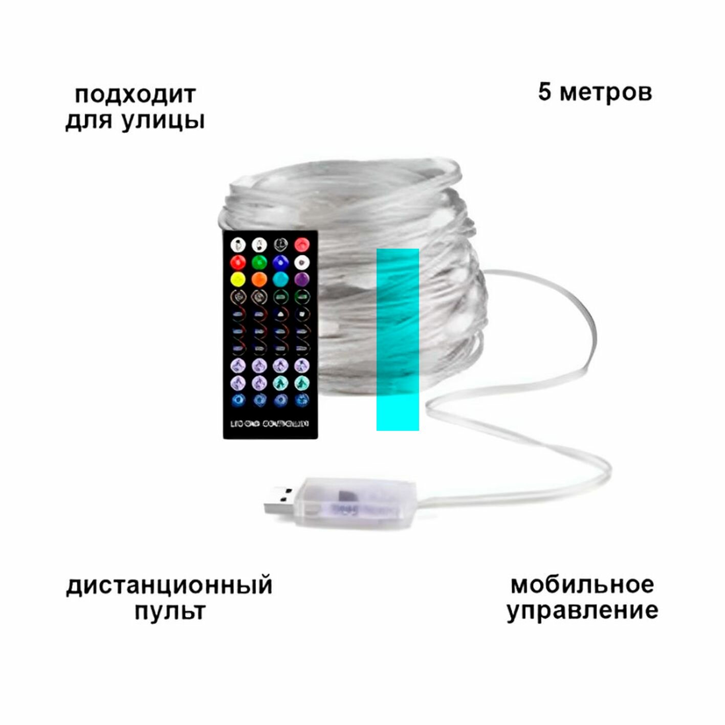 фото RGB светодиодная гирлянда с управлением со смартфона с пультом ДУ водонепроницаемая 10 метров