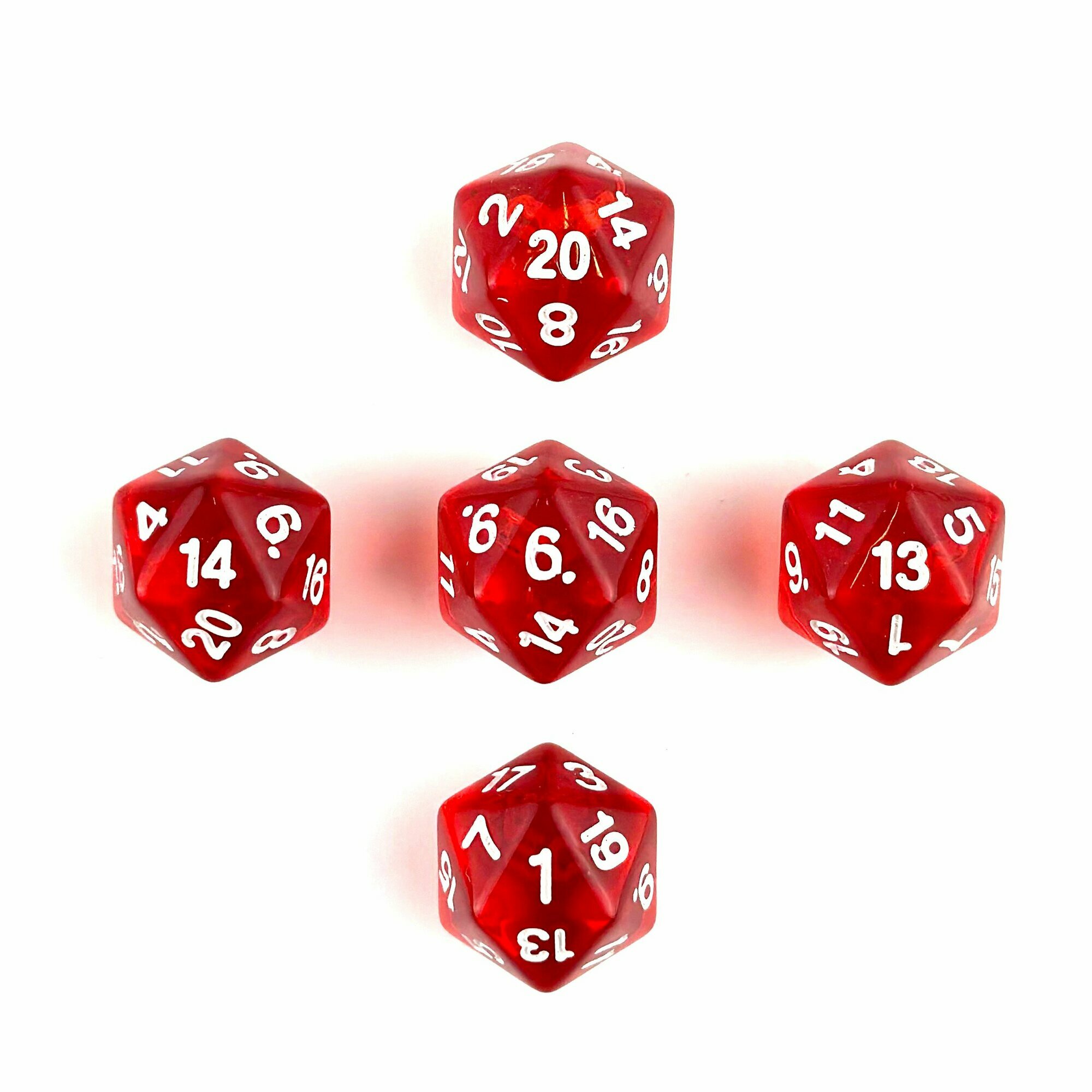 Кубик двадцатигранный красный прозрачный (D20) для настольных и ролевых игр, набор 5 штук