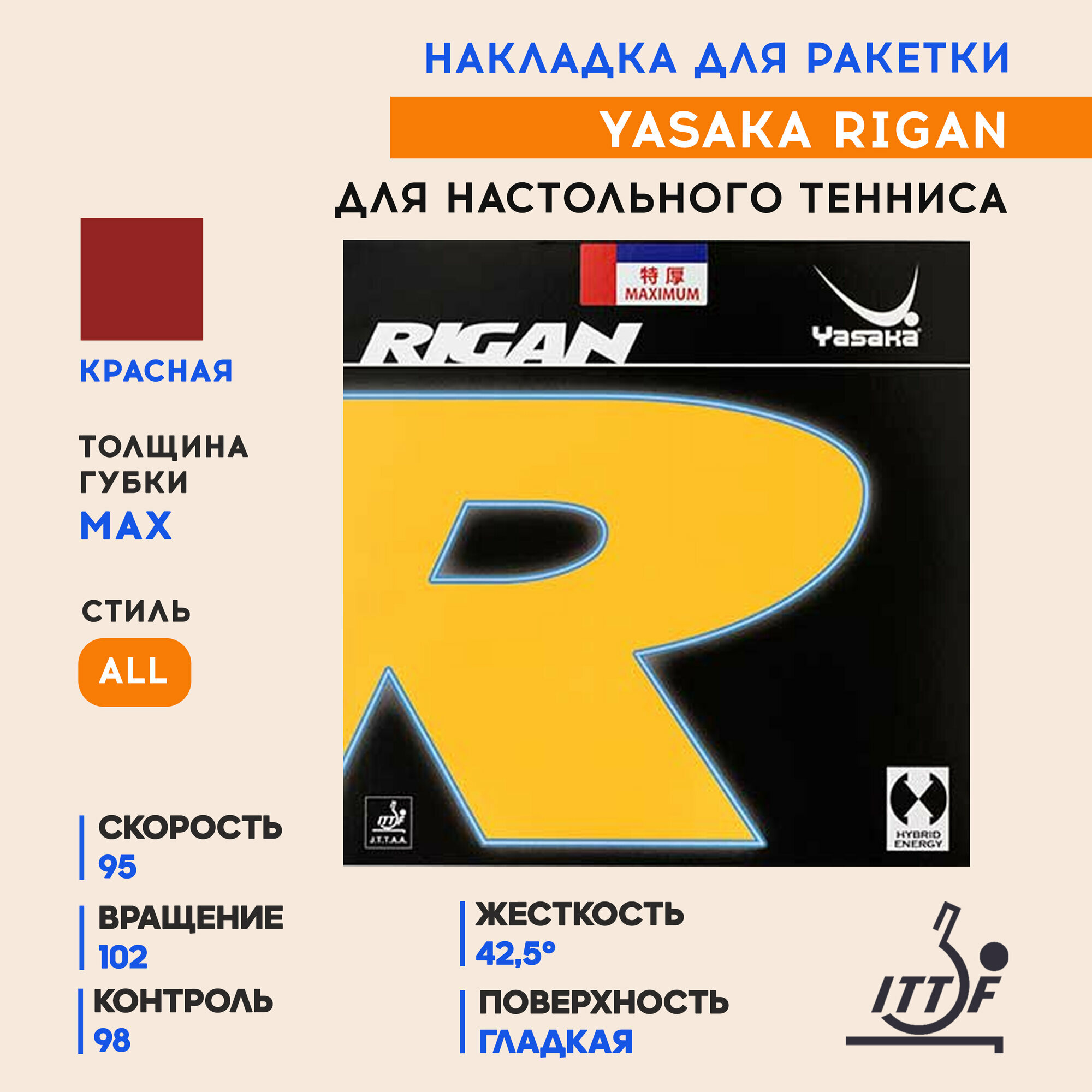 Накладка для ракетки настольного тенниса Rigan (цвет красный, толщина max)