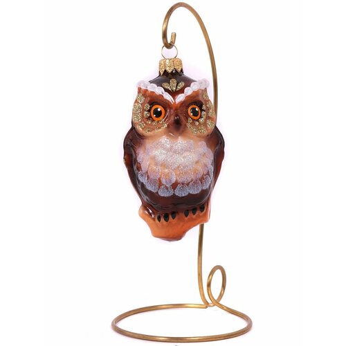 Сова Стеклянная елочная игрушка Ариель белый, коричневый, бежевый