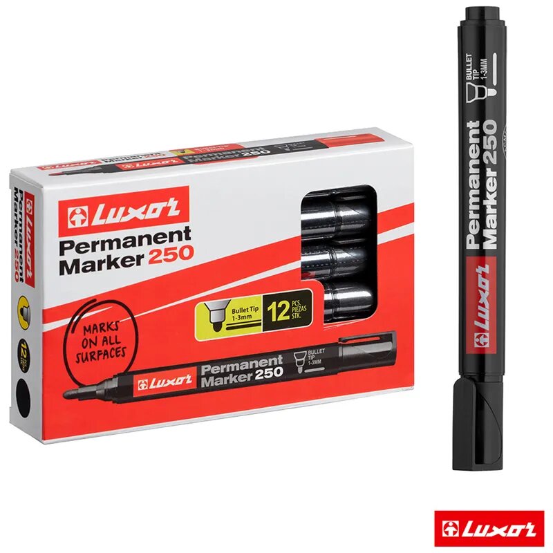 Маркер перманентный Luxor "250" цвет черный, пулевидный, 1-3мм, упаковка 12 шт.