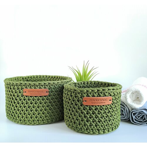 Корзины для хранения плетеные вязаные, цвет оливка Набор 2 штуки