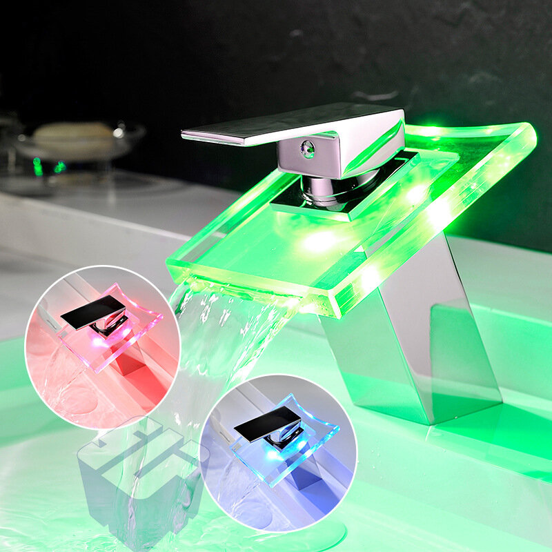 фото Медный таз светодиодный светящийся водопадный кран горячей и холодной воды туалет ванная комната с одним отверстием квадратный стеклянный водопадный кран