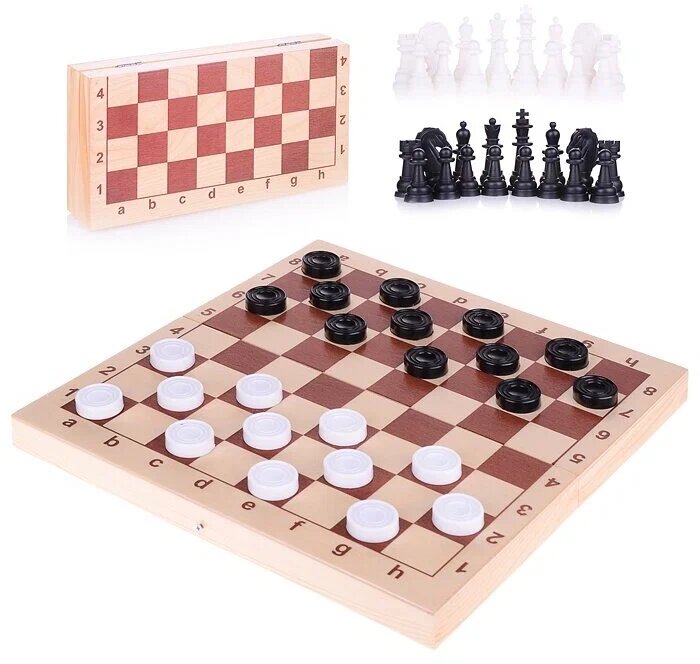 Набор Десятое Королевство 03879 для игры в Шахматы и Шашки, складная доска, дерево, 29см — фото 1