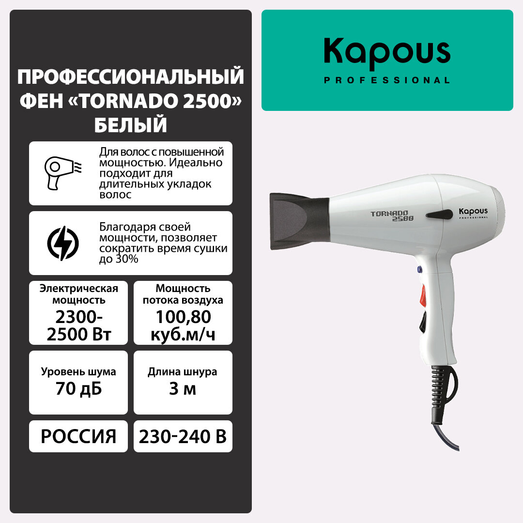 KAPOUS Фен профессиональный Kapous Tornado 2500, белый