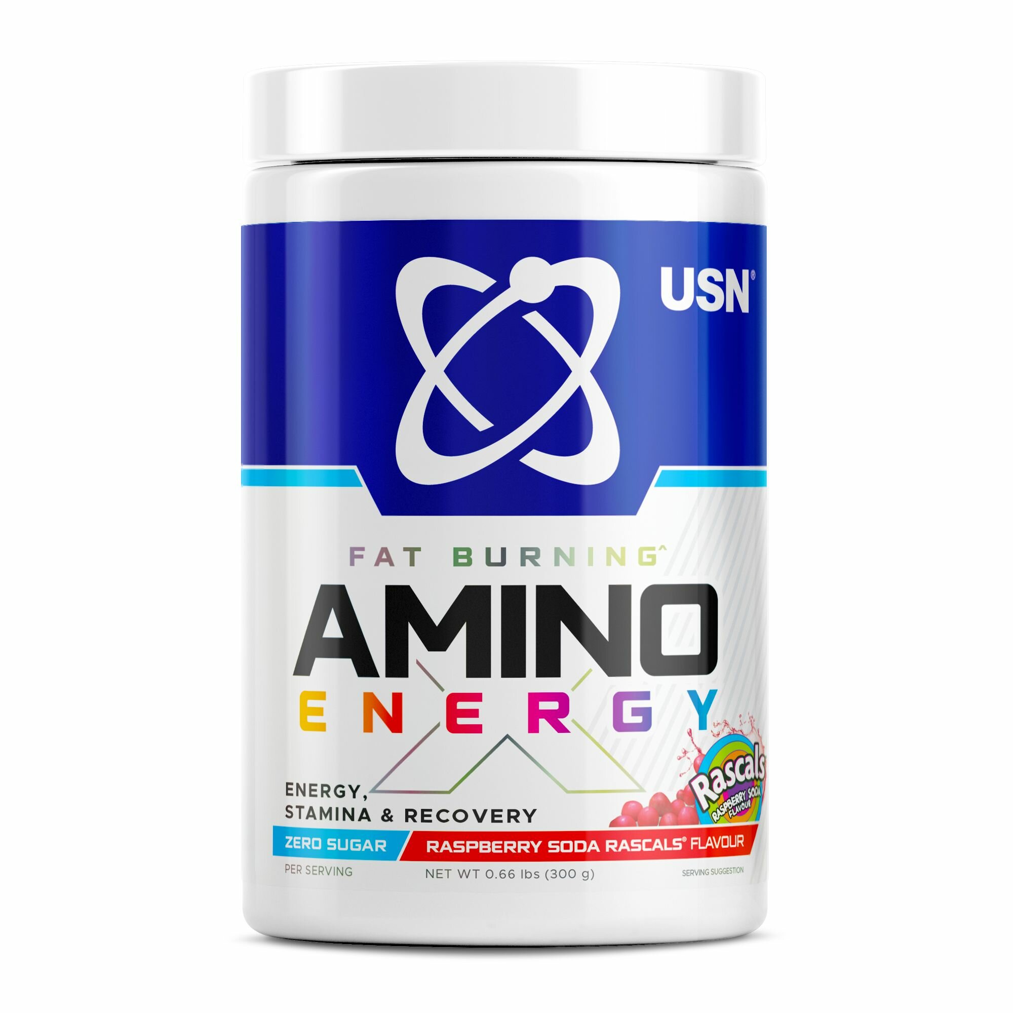 USN Amino Ener-G Raspberry Soda Rascals Aмино Энер-Джи со вкусом малиновой газировки, порошок, 300 г