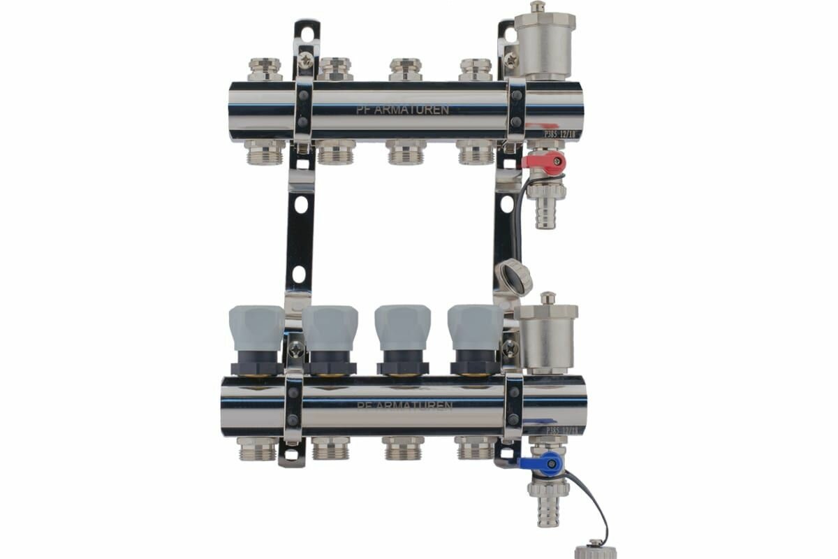 Коллекторная группа из латуни с настроечными и термостатическими клапанами, дренажными кранами и воздухоотводчиками 1" x 3/4"M (4) Profactor PF MB 804.4