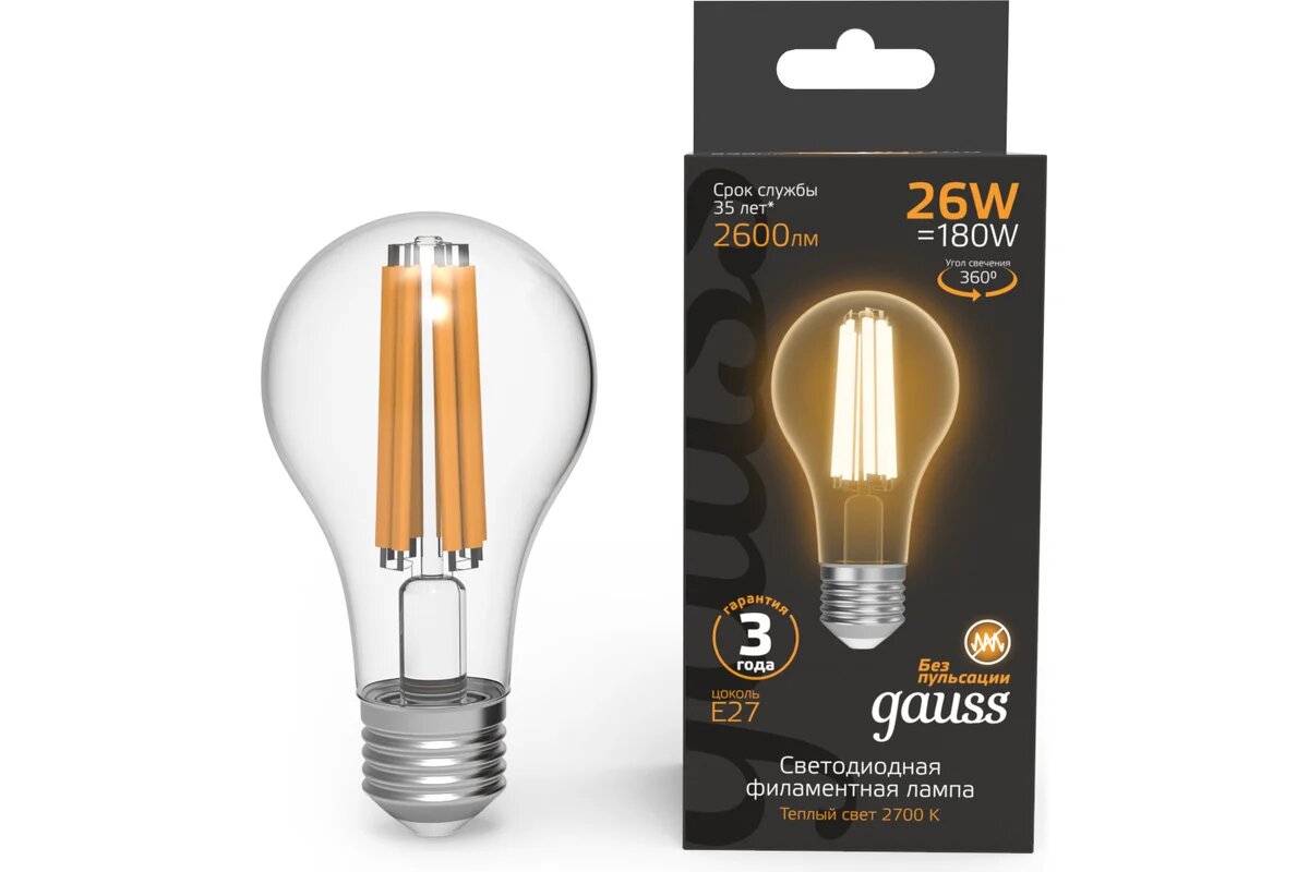 Gauss Светодиодная лампа Filament Е27 А70 26W 2600lm 2700К груша 102902126