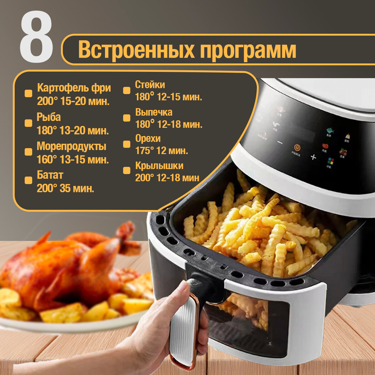 Аэрогриль электрический для дома, сенсорный, настольный, объем 6 литров, мощность 1350 Вт, белый — фото 1