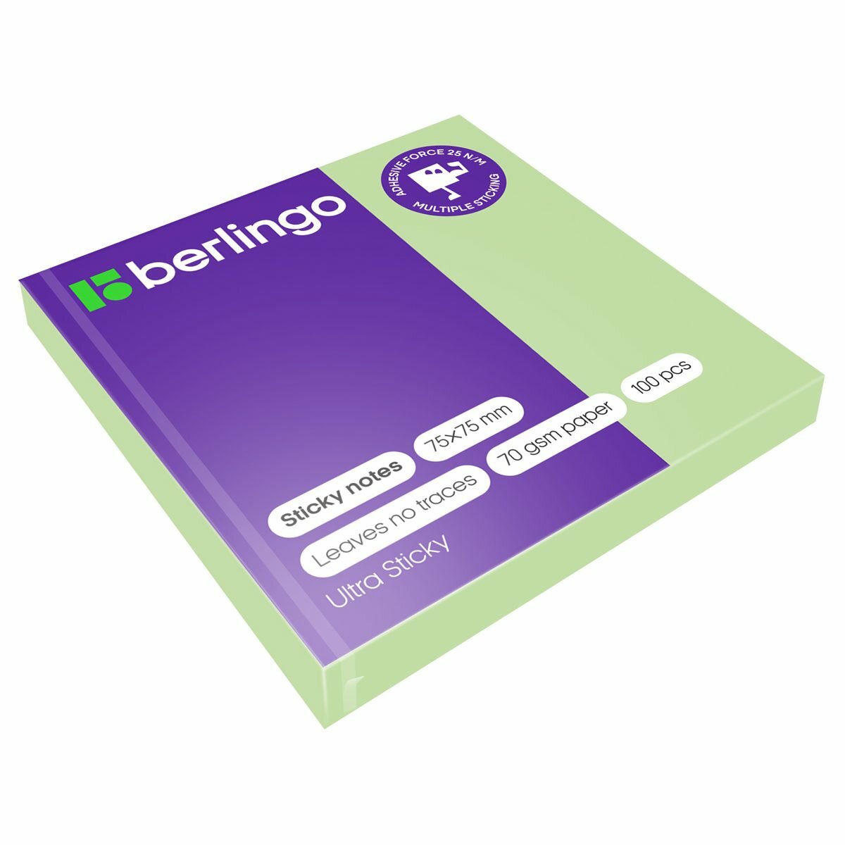 Стикеры (самоклеящийся блок) Berlingo Ultra Sticky, 75x75мм, зеленый пастель, 100 листов (LSn_39206), 12 уп.