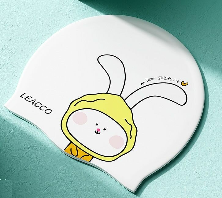 Шапочка для плавания LEACCO Зайка белая силиконовая детская для бассейна на обхват головы 50-56