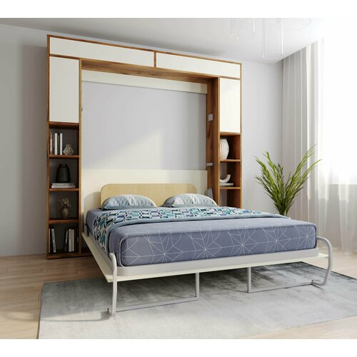 Шкаф кровать-трансформер с диваном Летто Гранде 1400 Форма с расширенными полками Лайт Янтарь, с матрасом