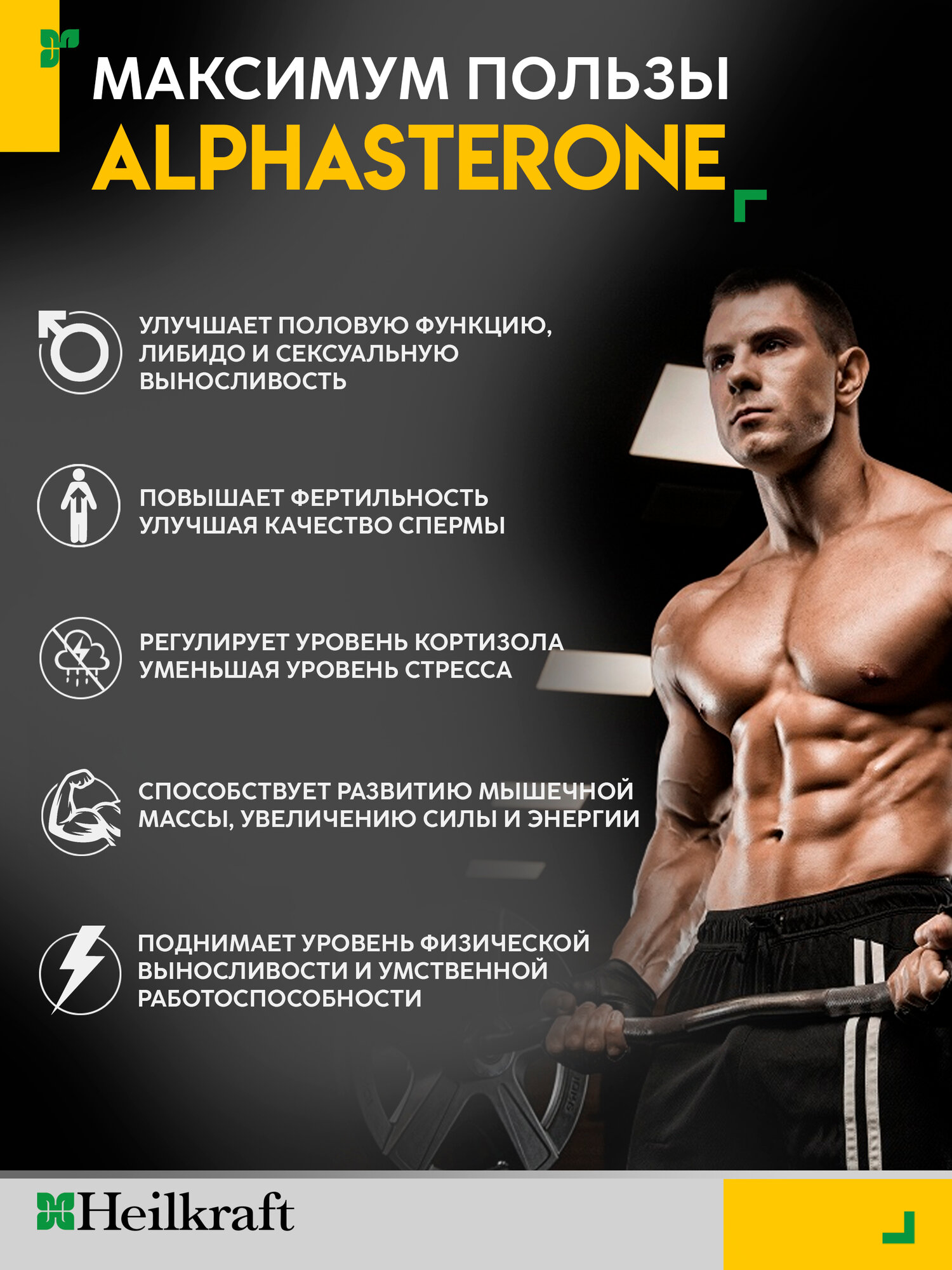 Картинки Alphasteron, 60 капсул по 400мг, бустер тестостерона, таблетки для потенции, мака перуанская Heilkraft.