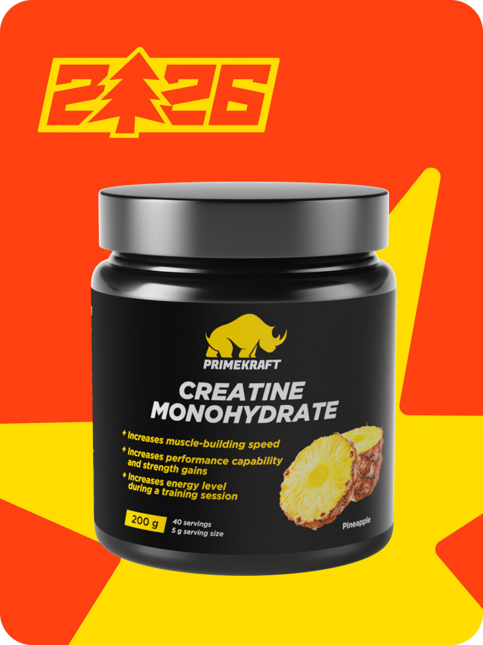 Креатин моногидрат Creatine Primekraft, 200 г, 40 порций, ананас, для набора мышечной массы