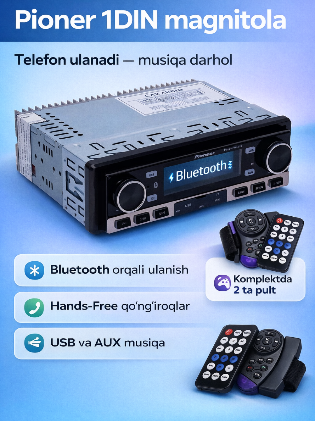 Автомагнитола Pioner 1DIN Bluetooth | USB, AUX, FM радио, 2 пульта