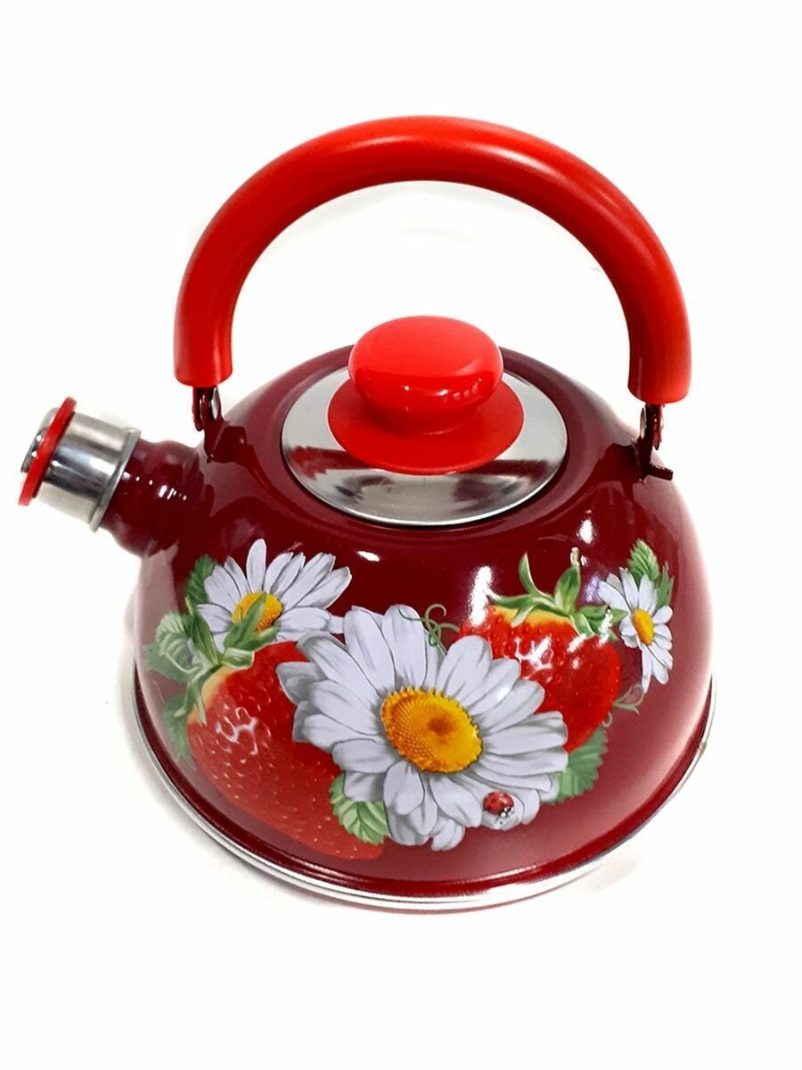 фото Чайник 2,5л (крас. мет. подвиж. ручка)-бордовый/клубника с ромашкой(декор-нерж. сталь)ТММ04/25/01/05/H13