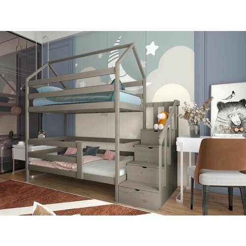 Кровать детская, подростковая "Двухъярусная с лестницей-комодом", спальное место 160х80, масло "Асфальт", из массива