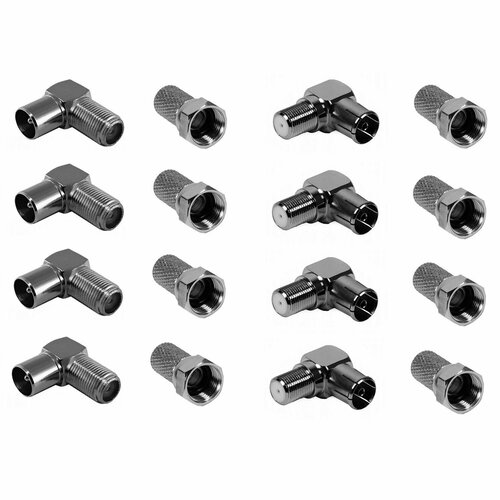 Комплект телевизионных разъёмов Штекер TVF угловой - 4 шт Гнездо TVF угловое - 4 шт F-разъём - 8 шт 834₽